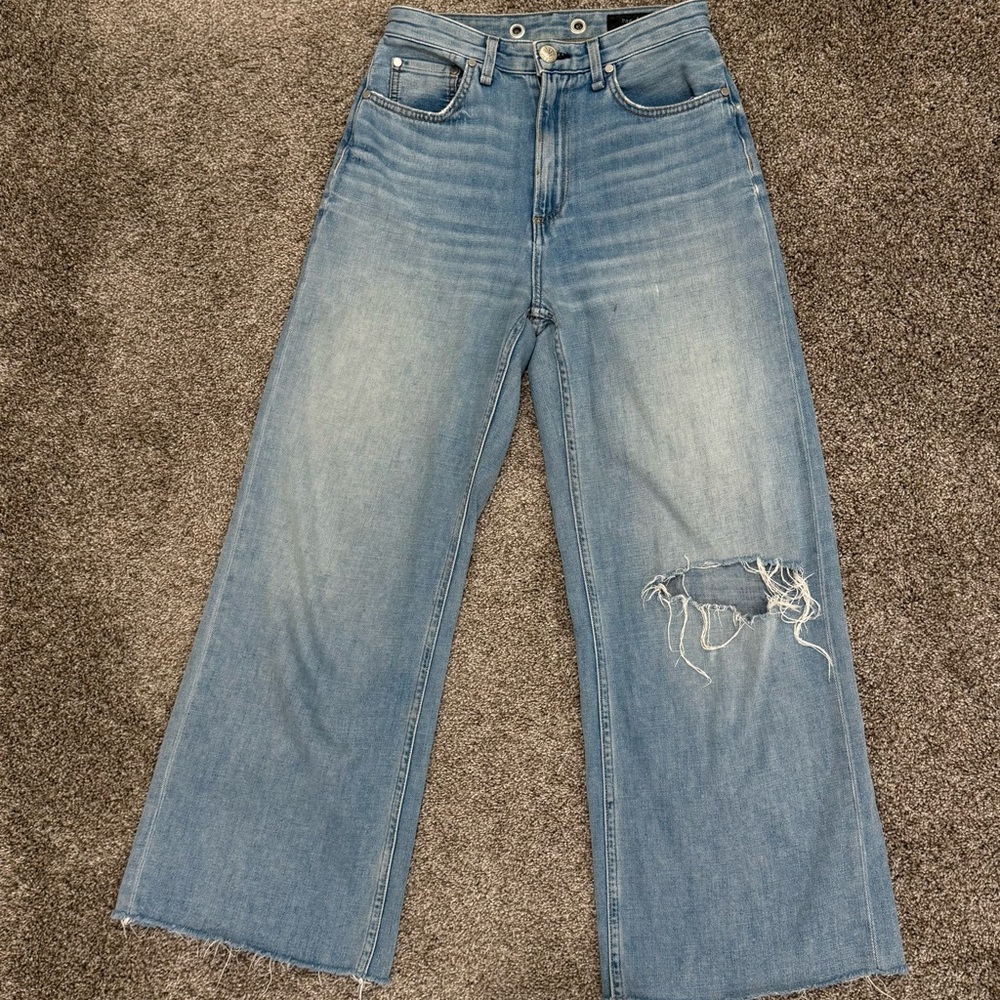 rag & bone Light Blue Distressed Wide Leg Jeans